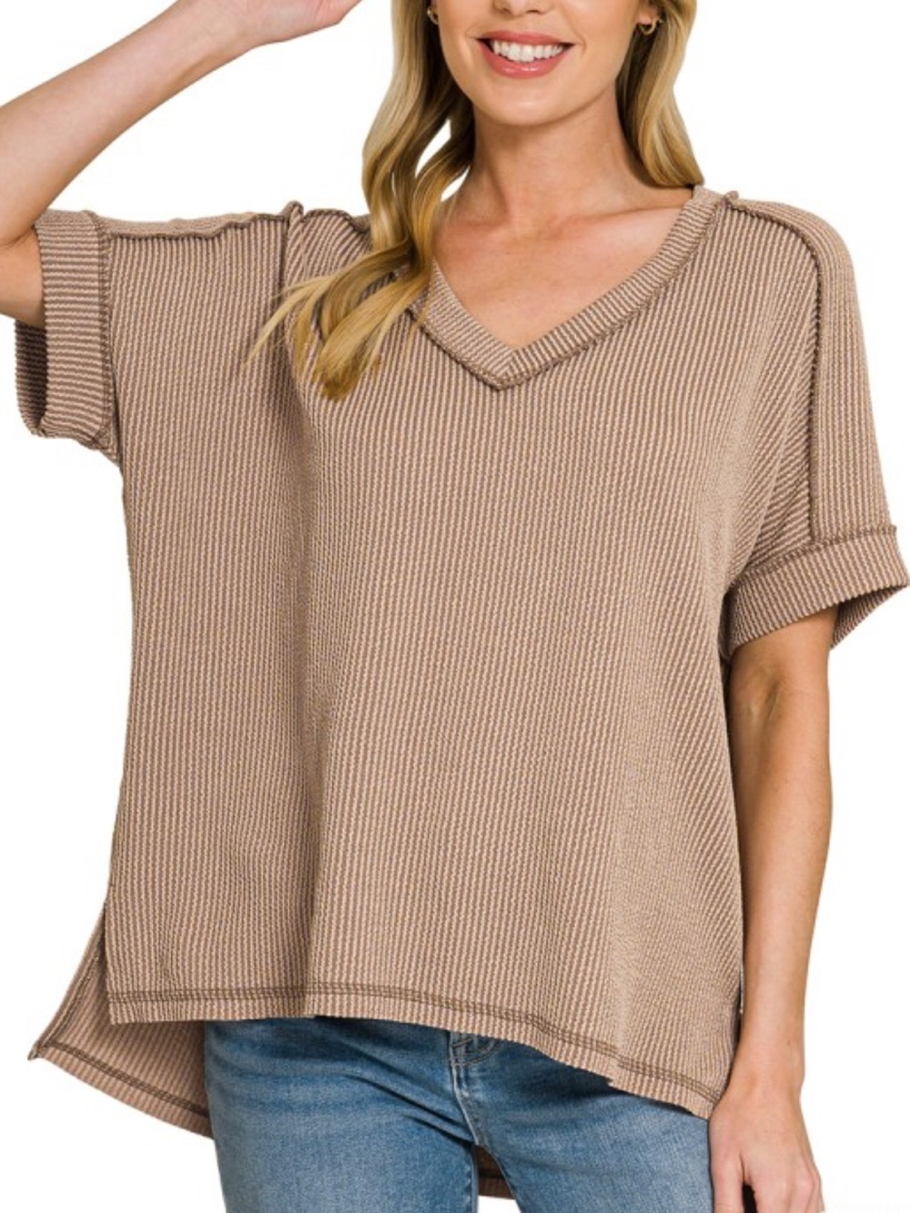 678. Women’s Mocha V-Neck Short Sleeve Ribbed High-Low Top NEW